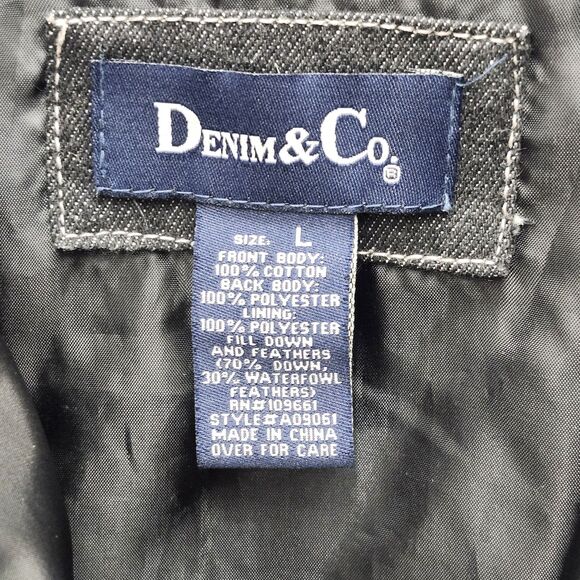 Denim and Co Black Denim Puffer Vest Womens Large Down Feather Fill Snap Zipper - Picture 9 of 12